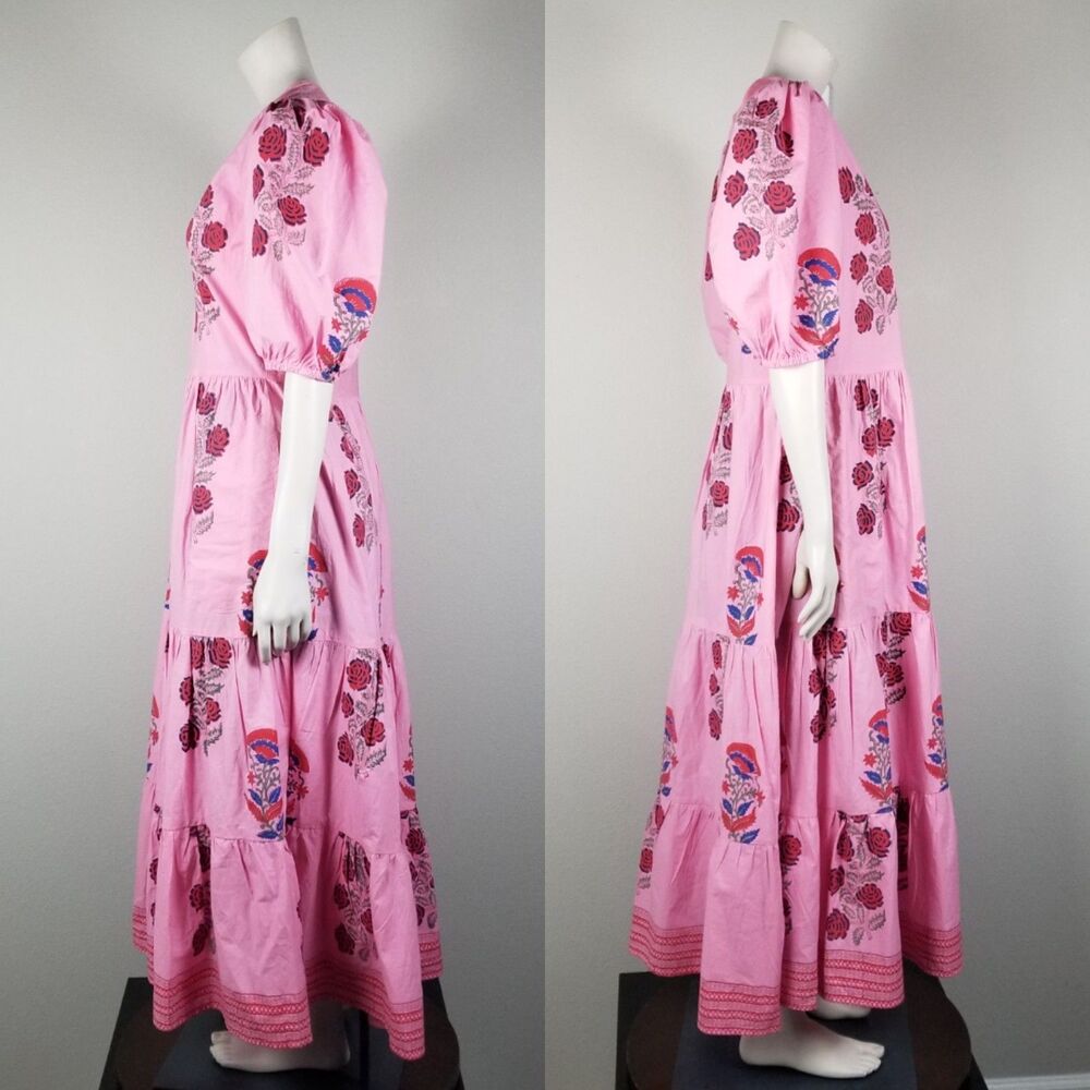 Oliphant Tuckernuck Boca Pink Puff Sleeve Midi Cotton Block Print Dress Size S - Picture 4 of 15